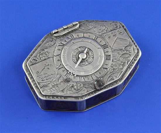 A rare late 17th century silver and tortoiseshell octagonal puzzle tobacco box, gross 3 oz.